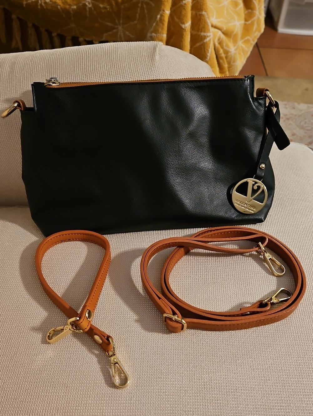 Valentina Italian Black Leather Convertible Crossbody Bag Wristlet Set